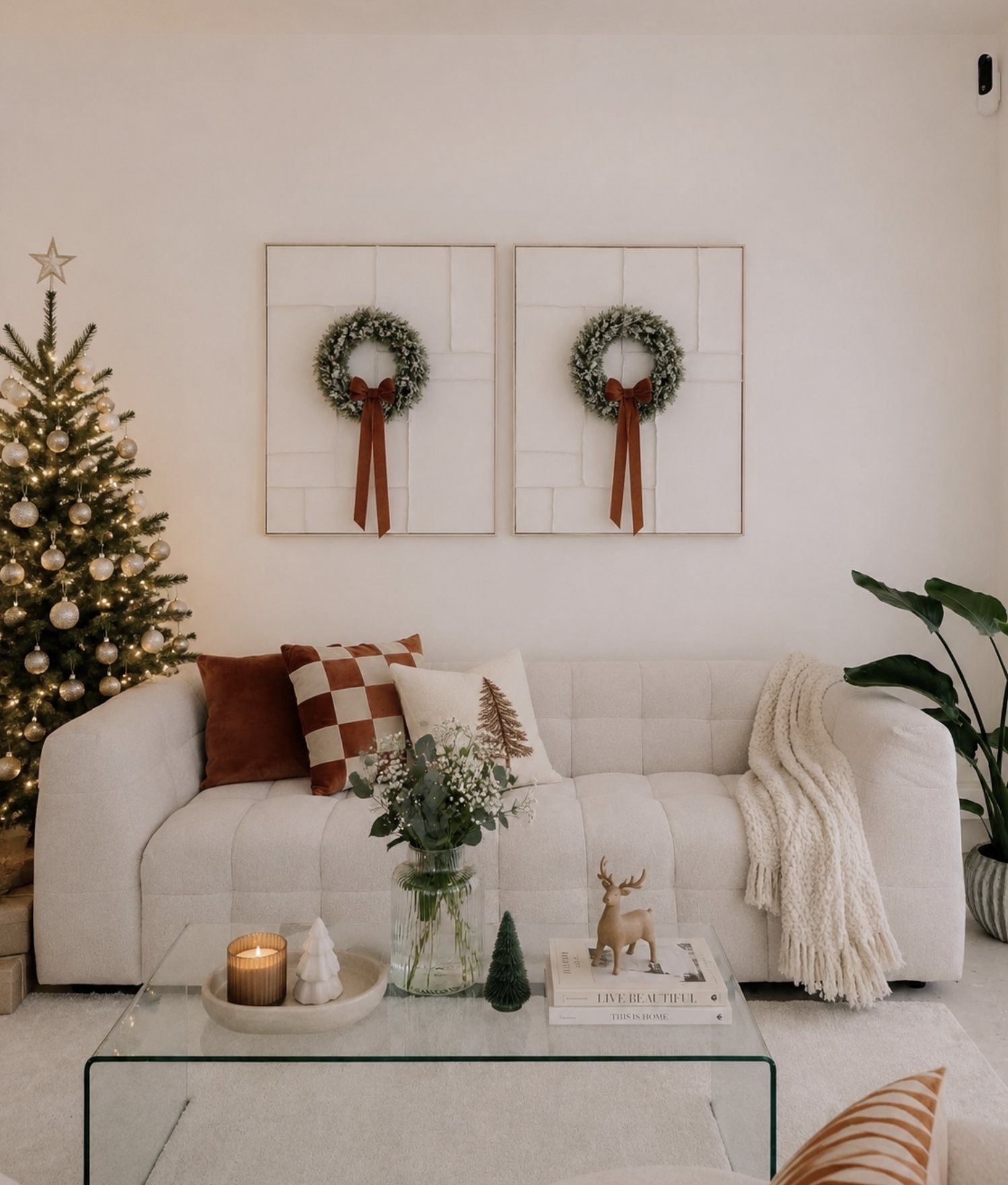 Zetel met kerstkussens en plaid onder twee kransen met fluwelen strik, naast een verlichte kerstboom